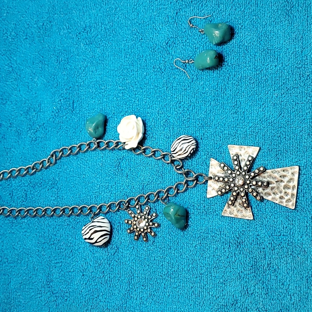 Western Style Cross Necklace and Earrings Set, Turquoise,  Zebra, Flower - Picture 5 of 10
